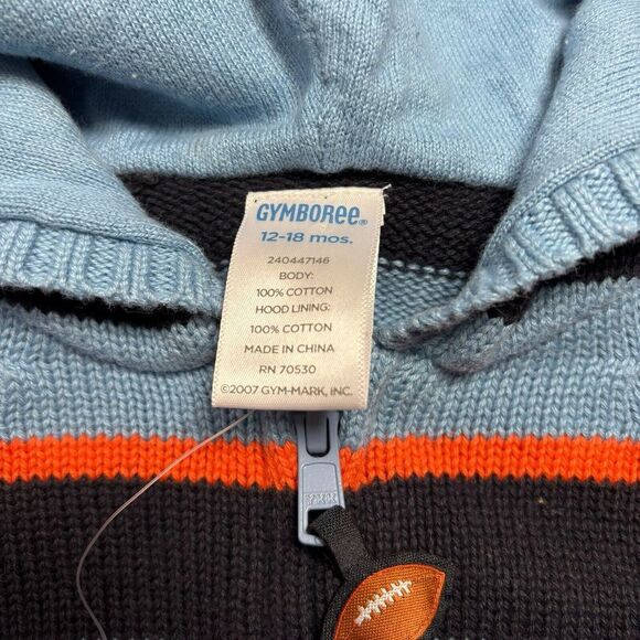 NEW GYMBOREE Blue Striped Football Rugby Sweater Full Zip Hooded Orange Boys 18m - Picture 6 of 8